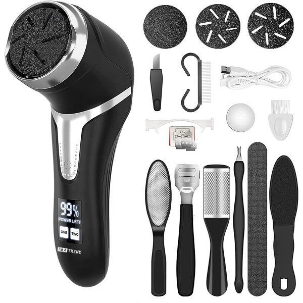 Pila electrica pentru talpi si calcaie IMA Trend®, cu Aspirare, IPX 7, Display Digital, Led, Acumulator 1200 mAh, Incarcare USB, Impermeabil, 3 role, 2200 rpm, Accesorii incluse, Indepartare piele moarta, Indepartare calus, Negru