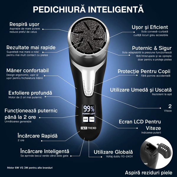 Pila electrica pentru talpi si calcaie IMA Trend®, cu Aspirare, IPX 7, Display Digital, Led, Acumulator 1200 mAh, Incarcare USB, Impermeabil, 3 role, 2200 rpm, Accesorii incluse, Indepartare piele moarta, Indepartare calus, Negru - imagine 2