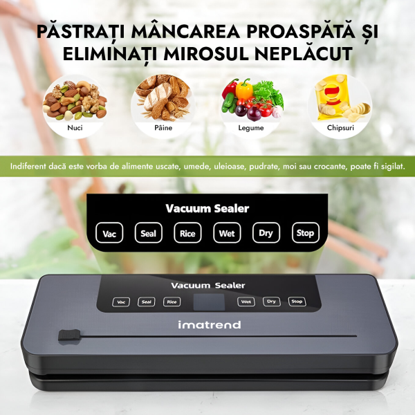 Aparat de vidat si sigilat alimente IMA Trend, 120W, 60kpa, 5 functii vidare umed/uscata/soft, panou de comanda tactil, 30 cm bara de lipire, Cutter Incorporat, cu 10 Pungi 20x30cm, Functie de Sigilare si Vidare Automata, Gri - imagine 3