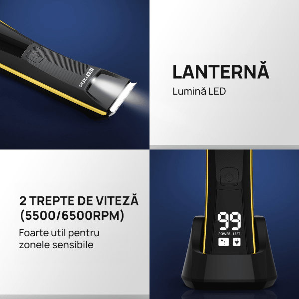 Aparat de tuns si ras IMA Trend Trimmer, inghinal, barba si corp, ceramic, rezistent la apa, cu lumina led, LCD, 2 trepte de viteza, 6500 rpm, cu stand, Portabil, cu Incarcare USB, cu Baterie reincarcabila 600mAh, Autonomie 90 de minute, Negru - imagine 4