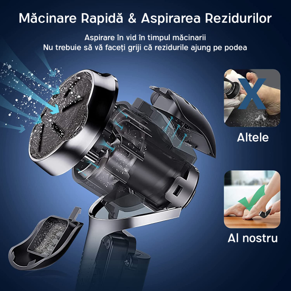 Pila electrica pentru talpi si calcaie IMA Trend®, cu Aspirare, IPX 7, Display Digital, Led, Acumulator 1200 mAh, Incarcare USB, Impermeabil, 3 role, 2200 rpm, Accesorii incluse, Indepartare piele moarta, Indepartare calus, Negru - imagine 4
