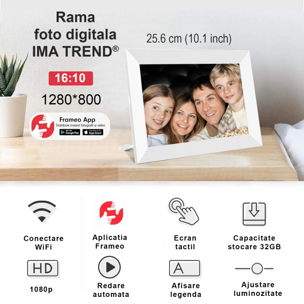 Rama foto digitala IMA Trend®, 10.1 inch, aplicatie Frameo, Android 6, RAM 1GB, Memorie interna 32GB, Touchscreen 800x1280 HD IPS, Slot USB, card SD, difuzor 2x2W, poze/video, Alba - imagine 5