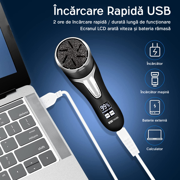 Pila electrica pentru talpi si calcaie IMA Trend®, cu Aspirare, IPX 7, Display Digital, Led, Acumulator 1200 mAh, Incarcare USB, Impermeabil, 3 role, 2200 rpm, Accesorii incluse, Indepartare piele moarta, Indepartare calus, Negru - imagine 5
