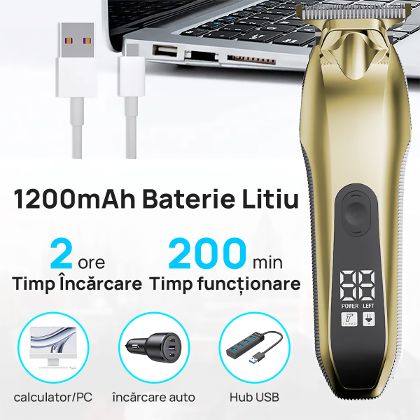 Aparat de tuns si ras IMA Trend Trimmer, barba si corp, rezistent la apa, cu lumina led, LCD, 2 trepte de viteza, 6500 rpm, Portabil, cu Incarcare USB, cu Baterie reincarcabila 1200mAh, Autonomie 240 de minute, Auriu - imagine 10