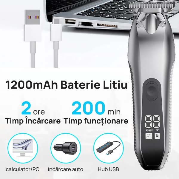 Aparat de tuns si ras IMA Trend Trimmer, barba si corp, rezistent la apa, cu lumina led, LCD, 2 trepte de viteza, 6500 rpm, Portabil, cu Incarcare USB, cu Baterie reincarcabila 1200mAh, Autonomie 240 de minute, Gri - imagine 10
