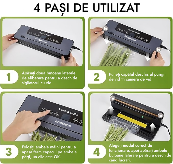 Aparat de vidat si sigilat alimente IMA Trend, 120W, 60kpa, 5 functii vidare umed/uscata/soft, panou de comanda tactil, 30 cm bara de lipire, Cutter Incorporat, cu 10 Pungi 20x30cm, Functie de Sigilare si Vidare Automata, Gri - imagine 6