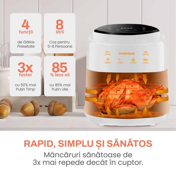 Friteuza cu aer cald, fara ulei, IMA TREND XL Air Fryer, 1400W, capacitate 8L, temperatura ajustabila 80-220°C, timer 60 min, pot detasabil, display digital, Alb - imagine 6