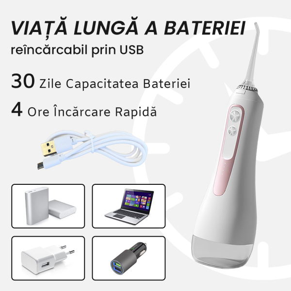 Irigator Oral  IMA Trend, Profesional pentru Dus Bucal și Oral, Presiune 70-120PSI, 3 TREPTE de presiune, Fara fir, Portabil, IPX7, Rezervor 320 ML, Baterie 1600mAh, 360°, Capete Intradentare Incluse Alb/Roz - imagine 5