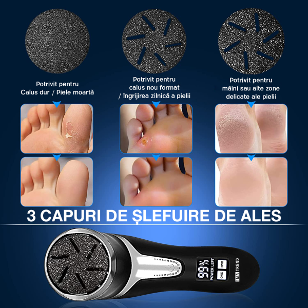 Pila electrica pentru talpi si calcaie IMA Trend®, cu Aspirare, IPX 7, Display Digital, Led, Acumulator 1200 mAh, Incarcare USB, Impermeabil, 3 role, 2200 rpm, Accesorii incluse, Indepartare piele moarta, Indepartare calus, Negru - imagine 7