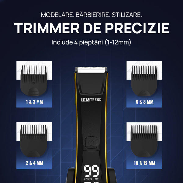Aparat de tuns si ras IMA Trend Trimmer, inghinal, barba si corp, ceramic, rezistent la apa, cu lumina led, LCD, 2 trepte de viteza, 6500 rpm, cu stand, Portabil, cu Incarcare USB, cu Baterie reincarcabila 600mAh, Autonomie 90 de minute, Negru - imagine 7