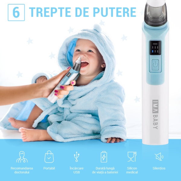 Aspirator nazal electric IMA Baby pentru bebelusi si copii silentios, 6 Trepte de Aspirare, Portabil, cu Incarcare USB, cu Baterie reincarcabila 500mAh, 2 Capete de silicon, albastru - imagine 2
