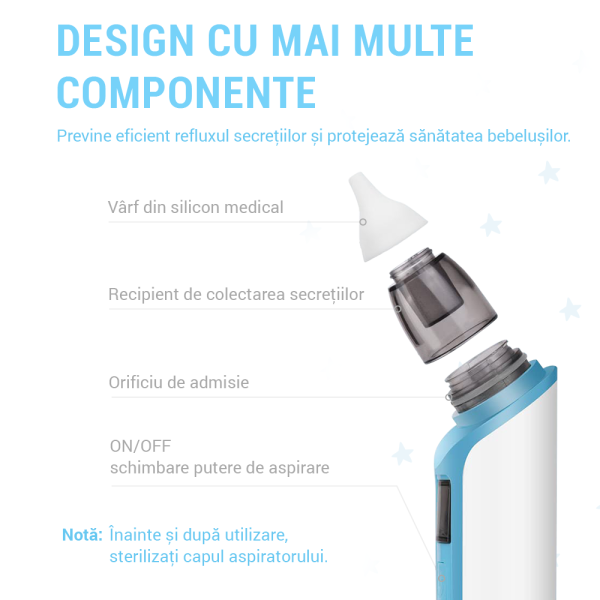 Aspirator nazal electric IMA Baby pentru bebelusi si copii silentios, 6 Trepte de Aspirare, Portabil, cu Incarcare USB, cu Baterie reincarcabila 500mAh, 2 Capete de silicon, albastru - imagine 4