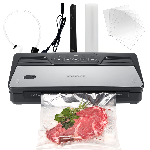 Aparat de vidat si sigilat alimente IMA Trend, 130W, 70kpa, 5 functii vidare umed/uscata/soft, panou de comanda tactil, 30 cm bara de lipire, Cutter Incorporat, cu 5 Pungi 20x30cm si o Rola de 20x300cm incluse, Functie de Sigilare si Vidare Automata, Gri