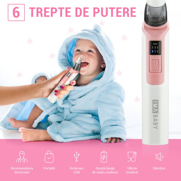 Aspirator nazal electric IMA Baby pentru bebelusi si copii silentios, 6 Trepte de Aspirare, Portabil, cu Incarcare USB, cu Baterie reincarcabila 500mAh, 2 Capete de silicon, roz - imagine 2