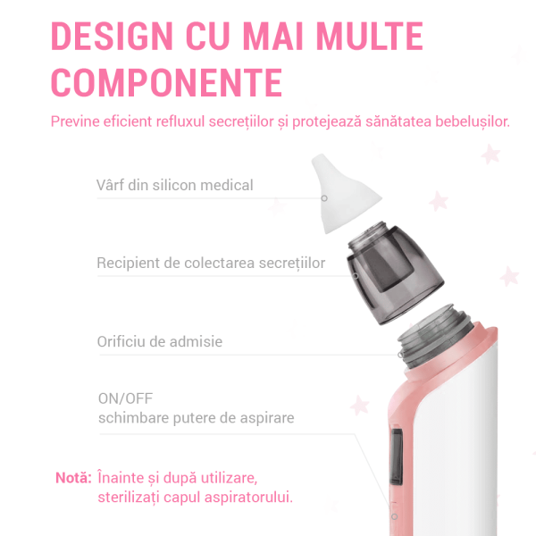 Aspirator nazal electric IMA Baby pentru bebelusi si copii silentios, 6 Trepte de Aspirare, Portabil, cu Incarcare USB, cu Baterie reincarcabila 500mAh, 2 Capete de silicon, roz - imagine 4