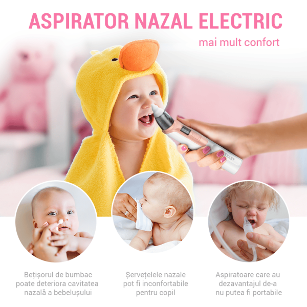 Aspirator nazal electric IMA Baby pentru bebelusi si copii silentios, 6 Trepte de Aspirare, Portabil, cu Incarcare USB, cu Baterie reincarcabila 500mAh, 2 Capete de silicon, roz - imagine 7