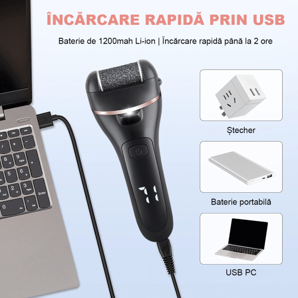 Pila electrica pentru talpi si calcaie IMA Trend, Display Digital, Led, Acumulator 1200 mAh, Incarcare USB, Impermeabil, 3 role, 2000 rpm, Accesorii incluse, Cadoul ideal, Indepartare piele moarta, Indepartare calus, Negru - imagine 6