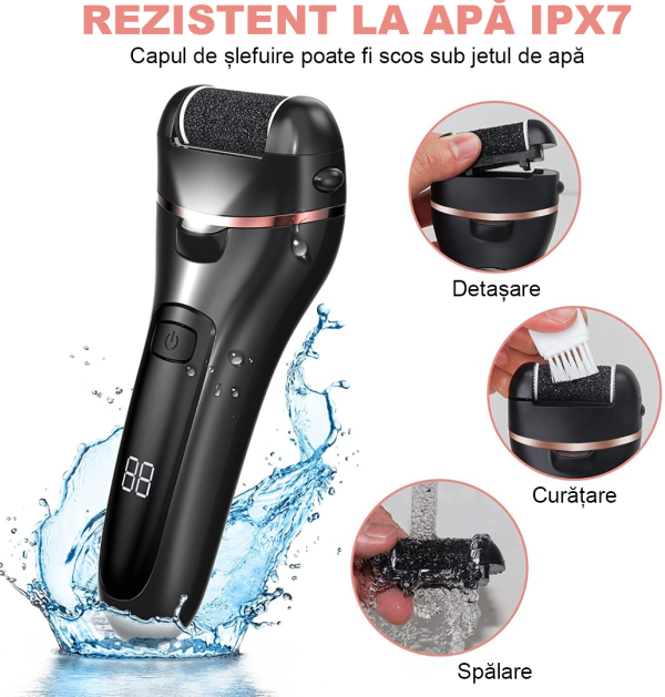 Pila electrica pentru talpi si calcaie IMA Trend, Display Digital, Led, Acumulator 1200 mAh, Incarcare USB, Impermeabil, 3 role, 2000 rpm, Accesorii incluse, Cadoul ideal, Indepartare piele moarta, Indepartare calus, Negru - imagine 3